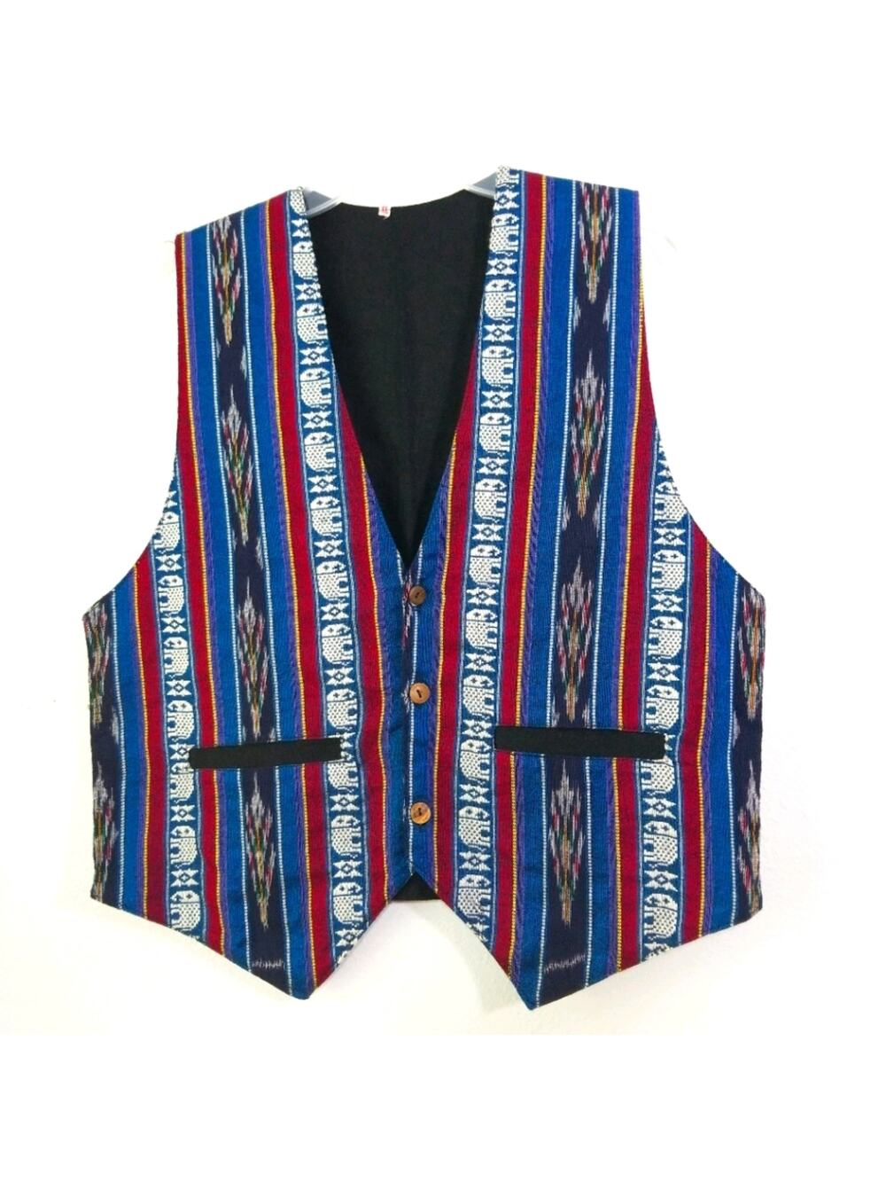 Vintage ikat elephant linen back wood button vest